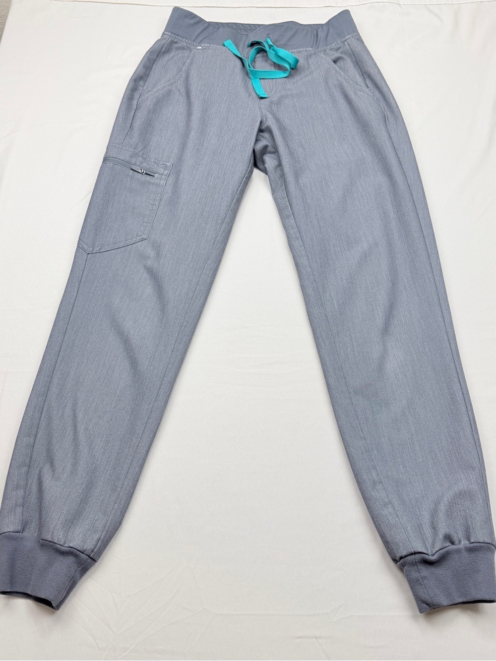 Figs Women's Light Gray Track Jogger Pants with Teal Drawstring